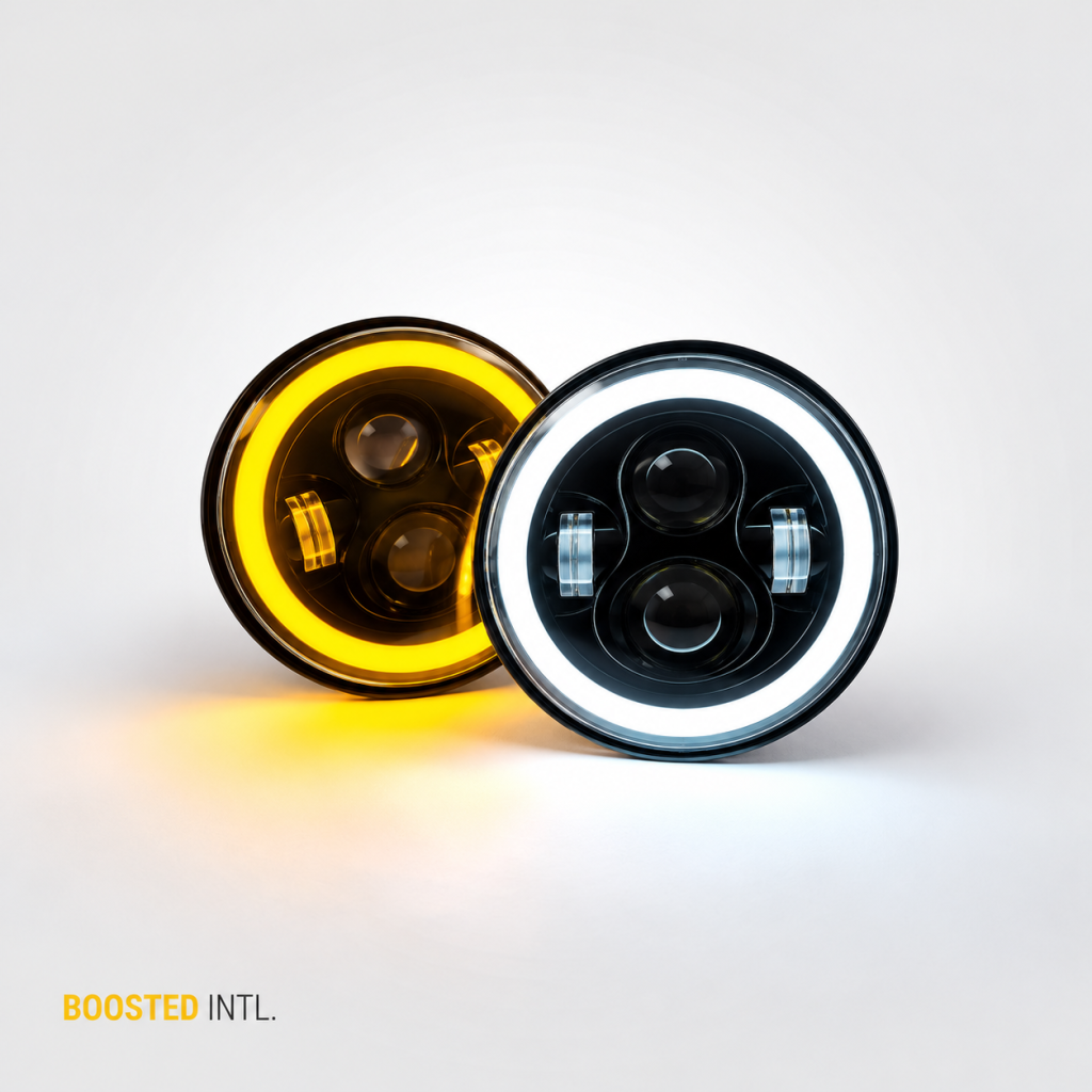 Pair of 7-inch LED projector headlights showing white and amber halos for Mazda MX-5 Miata NA