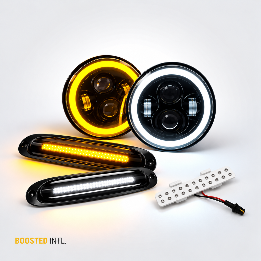 MX-5 Miata NA LED conversion bundle showing the halo headlight pair, front indicator DRL pair and third-brake-light LED insert